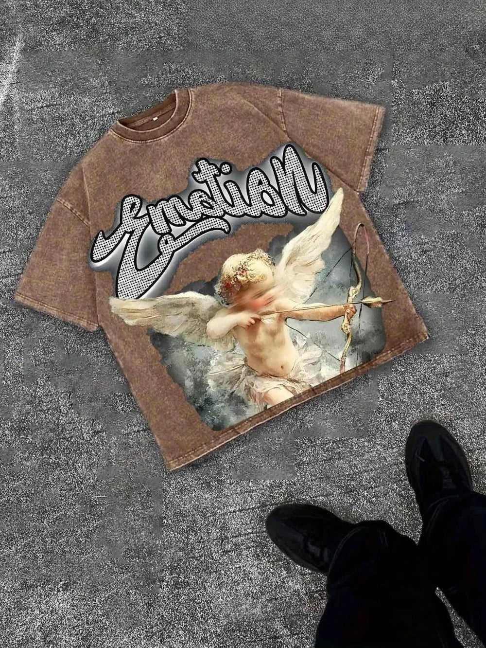 Heavyweight pure cotton washed T-shirt with Cupid print, unisex, casual, comfortable, fashionable, street style cotton T-shirt