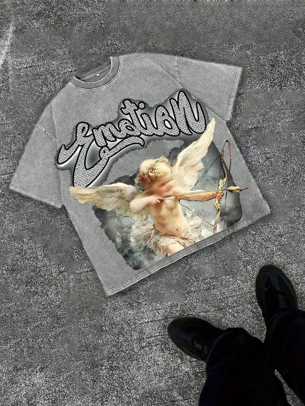 Heavyweight pure cotton washed T-shirt with Cupid print, unisex, casual, comfortable, fashionable, street style cotton T-shirt