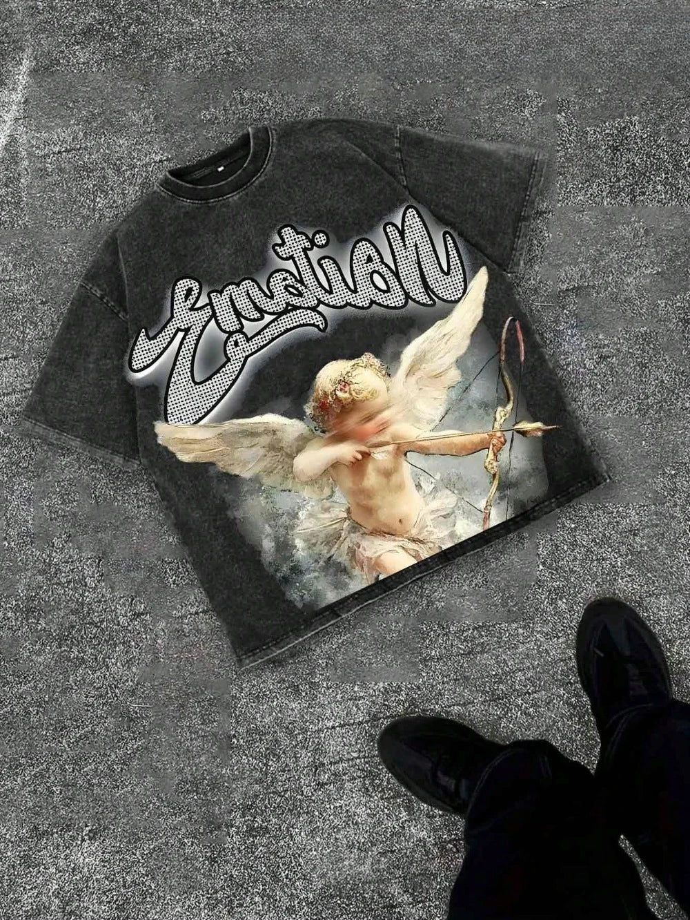 Heavyweight pure cotton washed T-shirt with Cupid print, unisex, casual, comfortable, fashionable, street style cotton T-shirt