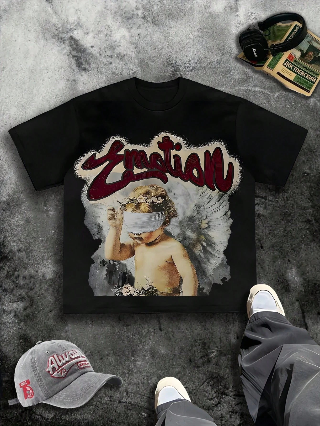 Masked Cupid Double-sided Print Pure Cotton Men's T-shirt Y2K Style New All-Season Short-sleeved T-shirt, Fashionable Streetwear