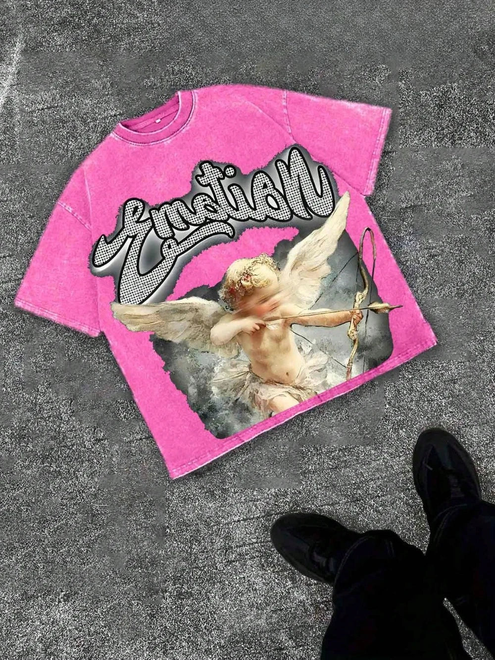 Heavyweight pure cotton washed T-shirt with Cupid print, unisex, casual, comfortable, fashionable, street style cotton T-shirt